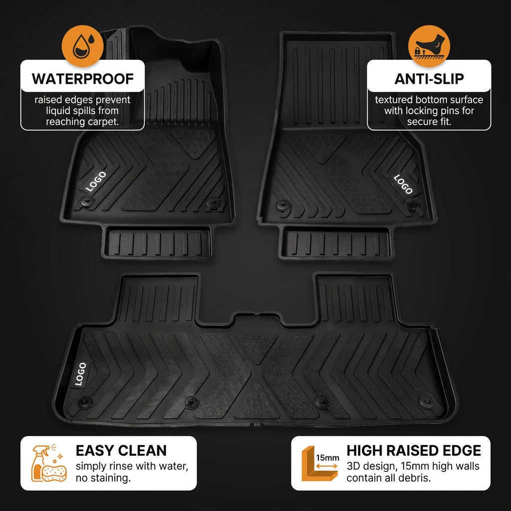 3D Tpe Car Floor Mats Waterproof All Weather Non-Slip Dual-Layer Soft Carpet Precision Fit for Tesla Model Y